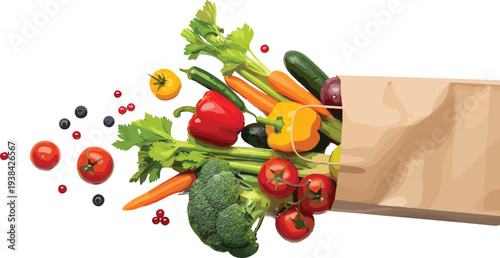 Paper grocery bag, fresh fruits, vegetables spilling out, healthy eating, nutrition, organic produce, colorful food assortment, grocery shopping, diet, vector illustration