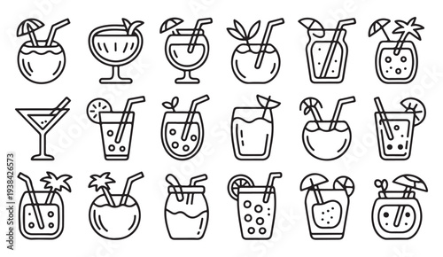 Summer Drink Outline Vector Icons Collection for Cafe and Menu