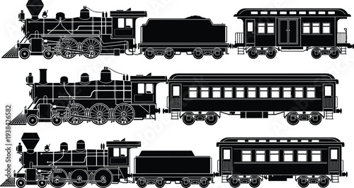 Vintage steam engine train silhouette vector set featuring antique locomotives passenger cars and coal tenders for historical transportation and logistics designs