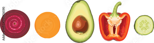 Set of fresh organic vegetable cross sections featuring detailed sliced beetroot carrot avocado halved red bell pepper and cucumber for healthy cooking