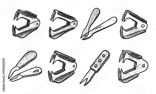 An illustration features an assortment of staple removers sketched against a clean white background, useful for office supply illustrations.