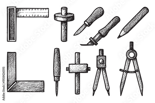 Hand-drawn woodworking tools including squares, gauges, knives, and compass on a white backdrop evoke craftsmanship and DIY projects. Ideal for illustrations, blog posts, or vintage designs.