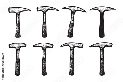 Hand-drawn illustration of eight geological hammers arranged in a grid on a white background, showcasing a variety of hammer styles and textures, ideal for geological themes.
