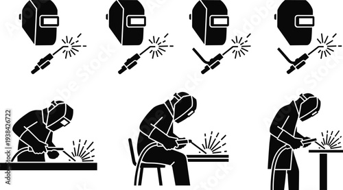 Welder Silhouette Icons Set with Professional Industrial Workers Welding Metal in Sitting and Standing Positions for Manufacturing and Workshop Graphic Design