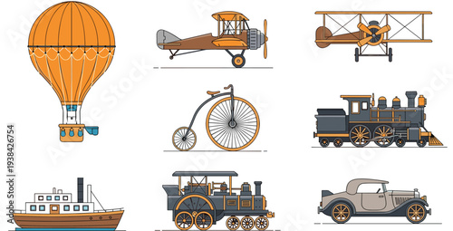 Vintage transportation illustration, hot air balloon, biplane, penny‑farthing bicycle, steam locomotive, steamship, steam road vehicle, classic car, historical travel vector