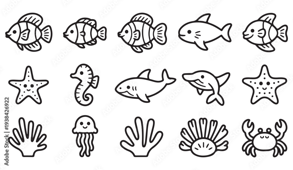 Obraz premium Underwater Marine Creatures Icon Set for Educational and Nature Design
