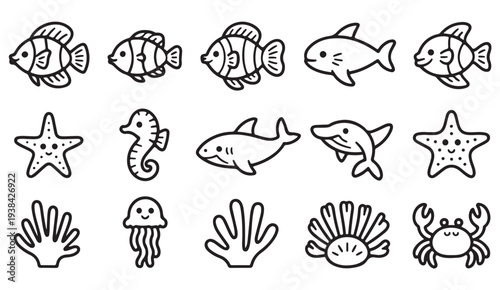 Underwater Marine Creatures Icon Set for Educational and Nature Design