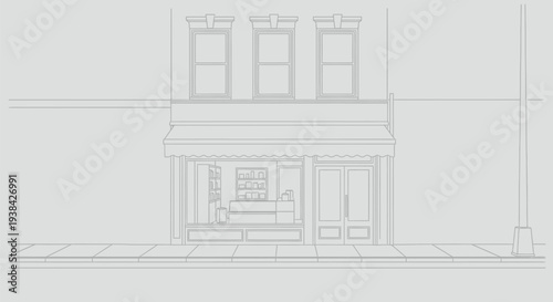 Minimalist line art illustration of a quaint urban storefront facade and sidewalk