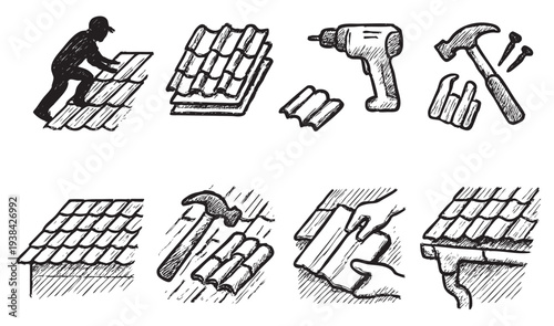Black and white sketch illustration of roofing installation elements, including a roofer, tools, tiles, and gutter. Great for construction and renovation concept illustrations.