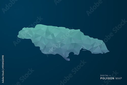 Jamaica Map - Polygon Style Vector Illustration with Teal Blue Gradient, Low Poly Geometric Design, Digital and Technology Inspired, Clean Silhouette on Dark Background.