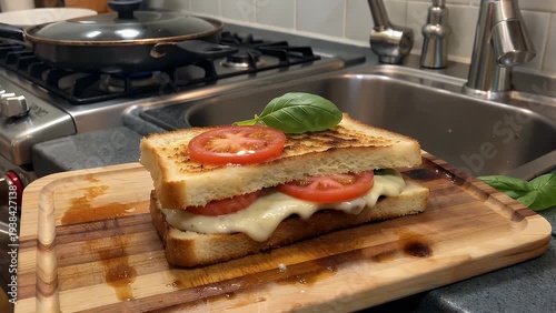 A nutritious and warm sandwich preparation containing grilled bread filled with fresh basil leaves, creamy mozzarella cheese, and ripe tomatoes, inspired by the classic Italian Caprese salad combinat