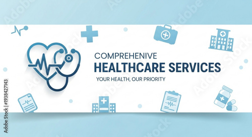 Comprehensive healthcare services banner with stethoscope and medical icons on white and blue background