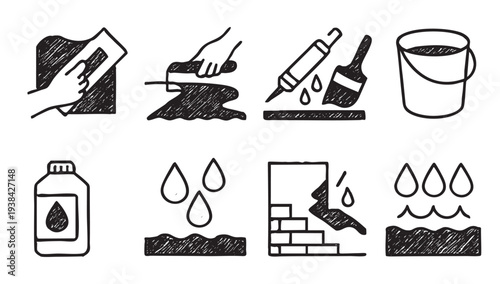 Hand-drawn style icons depicting construction process, including plastering, painting, gluing, water damage, suitable for illustrating DIY guides or infographic.