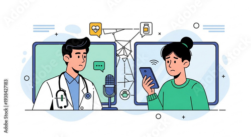 Telemedicine consultation between doctor and patient on computer screens with mobile phone