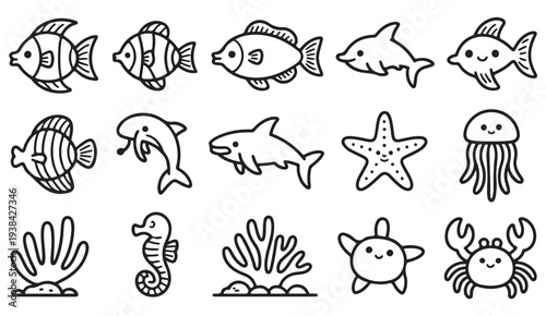 Sea Animals Outline Icon Set with Fish Dolphin Shark and Starfish