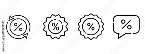Discount and percentage line icon set featuring sale tag promotion badge and speech bubble for ecommerce offer and price reduction and more vector illustration or editable stroke