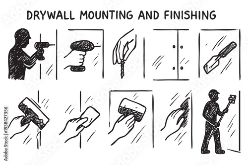Black and white illustration showing the step-by-step process of drywall mounting and finishing, from drilling and screwing to joint taping and sanding, perfect for DIY guides.
