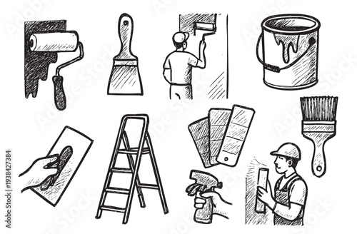 Black and white hand drawn sketch featuring a variety of painting tools, including rollers, brushes, paint, ladder, color palette, spray bottle and workers.