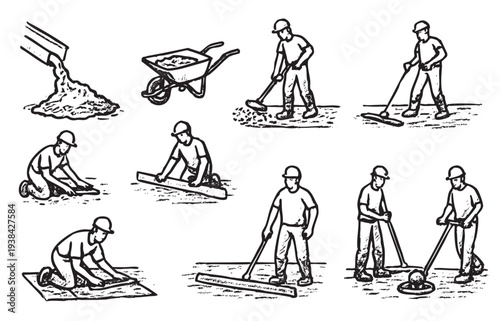 Hand-drawn black and white illustration showing various stages of concrete work: pouring, wheelbarrow, leveling, and compacting. Useful for construction, building, or engineering concepts.