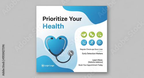 Prioritize your health brochure with stethoscope and heart on blue background for medical campaigns and healthcare services