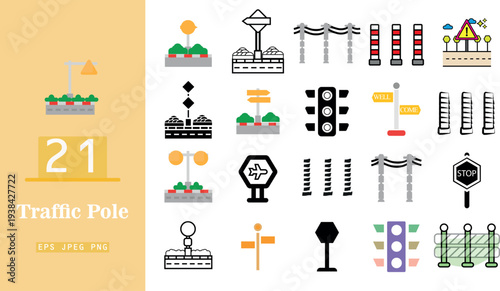 A set of twenty-one traffic pole icons featuring diverse road signs and street lights on white