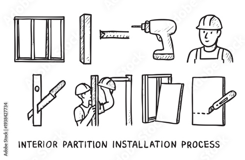 Hand-drawn sketch illustrates the step-by-step process of installing an interior partition, including tools, materials, and workers, suitable for instructional graphics or design projects.