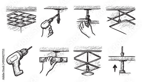 Black and white sketch style illustration depicts the process of suspended ceiling installation, including the grid, drill, hand, level, and tensioning mechanism. Illustrative graphic.