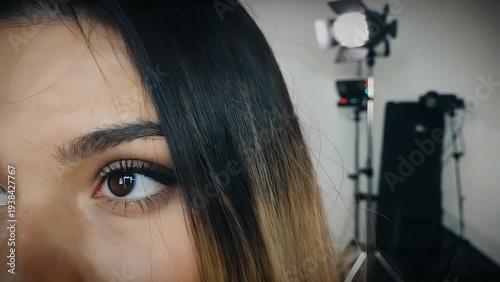 An Extreme Intimate Portrait Study of a Female Model with Colorfully Tinted Hair in a Professional Photography Studio Setting
