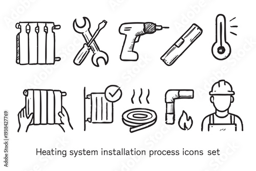 Hand drawn style icons showcase process for home heating system, including radiators, tools, installer, and more. Represents plumbing or home repair concept.