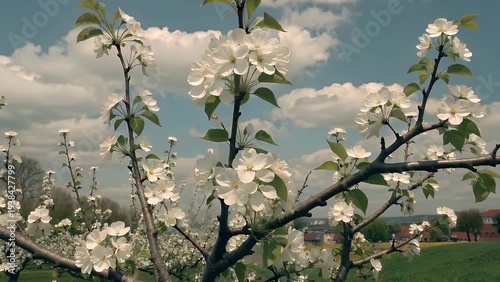 An Orchard of Apple Trees in Full Seasonal Bloom Under a Clear Azure Firmament
