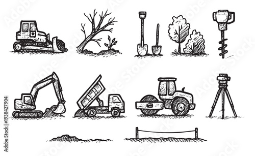 Hand-drawn sketch illustration featuring a variety of construction and landscaping equipment icons, including a bulldozer, excavator, dump truck, and more, ideal for various design projects.