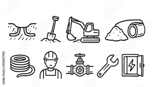 Hand drawn vector illustration featuring construction and plumbing icons including excavator, shovel, hard hat, valve, wrench, and electrical panel on a white background.