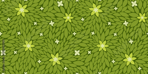 Seamless botanical pattern with hand drawn green leaves and small flowers, for herbal tea, eco friendly packaging design