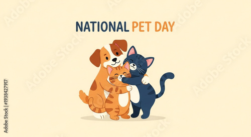 Cute dog and cat hugging on national pet day with text symbolizing friendship and affection between pets