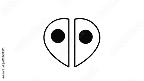 Stylized heart shape divided into two halves with large circular eyes representing connection and romantic unity.