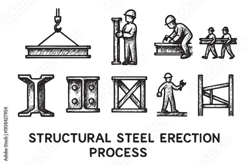 Black and white sketch illustrations depicting the structural steel erection process, including lifting, carrying, assembling and fabrication. Can be used for industrial design, engineering.