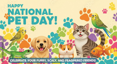 National pet day celebration with various furry scaly and feathered friends
