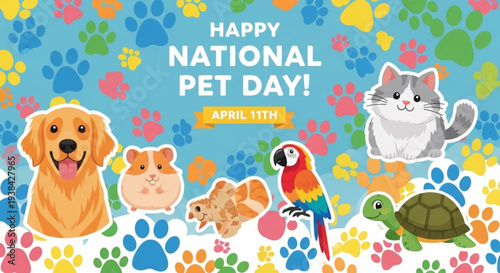Colorful pets celebrate national pet day with animals and paw prints on blue background