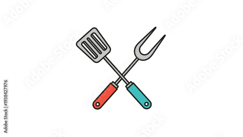 Barbecue tools including a metal spatula and large fork with colored handles crossed to represent outdoor grilling.