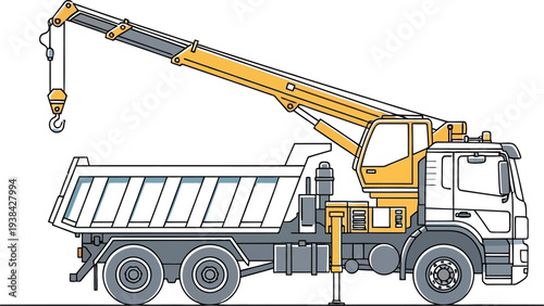 Illustration of a heavy-duty crane truck with a functional hydraulic lifting boom attachment