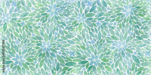 Calm floral watercolor seamless pattern, flowers and small leaves in mint and blue tones, botanical print for wellness and spa.
