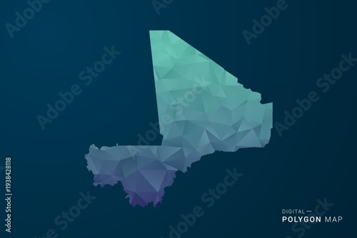 Mali Map - Polygon Style Vector Illustration with Teal Blue Gradient, Low Poly Geometric Design, Digital and Technology Inspired, Clean Silhouette on Dark Background.