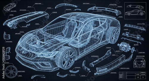 Automotive Engineering Blueprint of a Modern Car Design.