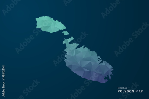 Malta Map - Polygon Style Vector Illustration with Teal Blue Gradient, Low Poly Geometric Design, Digital and Technology Inspired, Clean Silhouette on Dark Background.