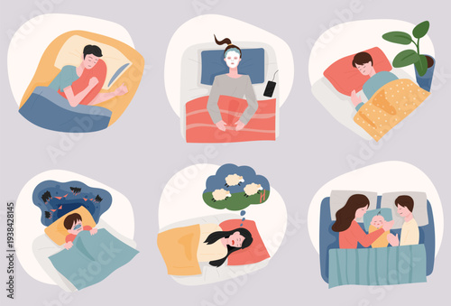 Illustrations of people engaging in various relaxing activities at home