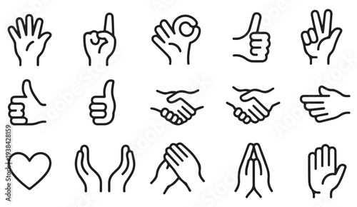 Hand Sign Language and Gesture Icons Set for Interface and Design