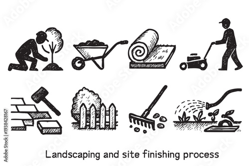 Set of hand-drawn style icons depicting landscaping and site finishing processes, includes planting, lawn, paving, fencing, and watering.