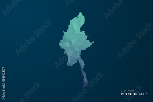 Myanmar Map - Polygon Style Vector Illustration with Teal Blue Gradient, Low Poly Geometric Design, Digital and Technology Inspired, Clean Silhouette on Dark Background.