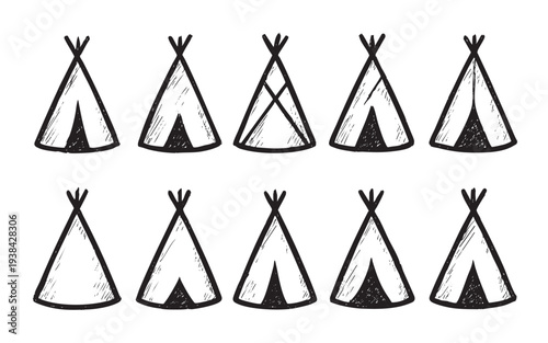 Hand drawn teepee tent illustrations in black and white, perfect for bohemian, camping, or nomadic designs and themes with sketched line details.