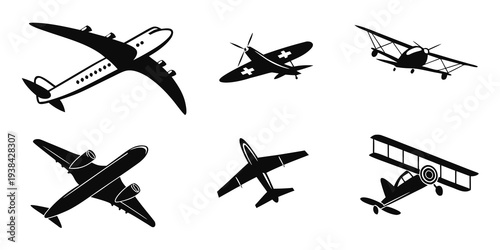 A collection of various aircraft silhouettes in flight, showcasing different types of planes. Vector